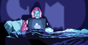 A lawyer studies on her laptop late at night